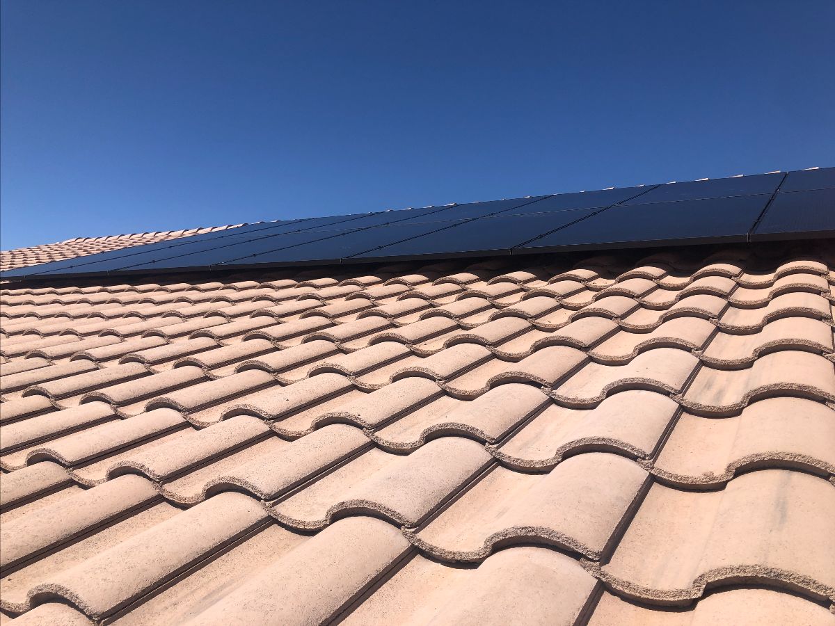 Shot from below of sleek black panels in Cornville, Arizona.